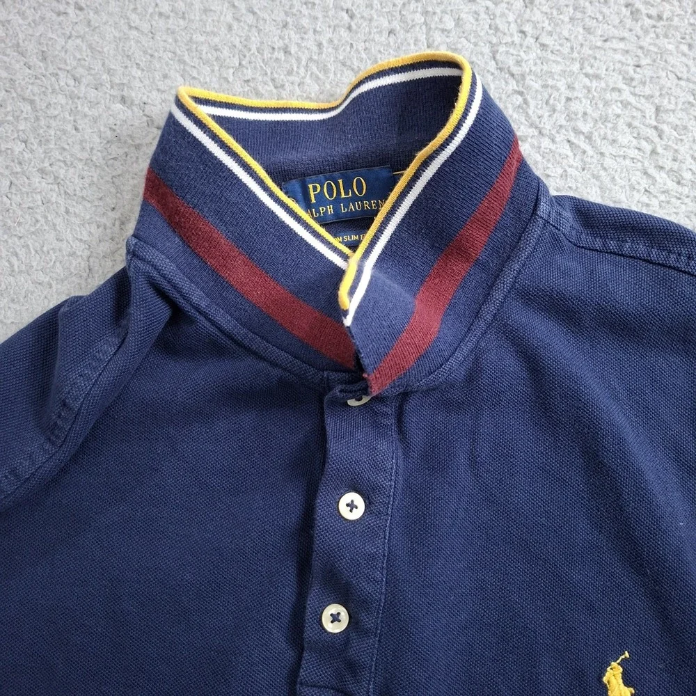 Polo Ralph Lauren Mens XL Custom Slim Fit Polo Shirt Blue Logo Sleeve Stripes
